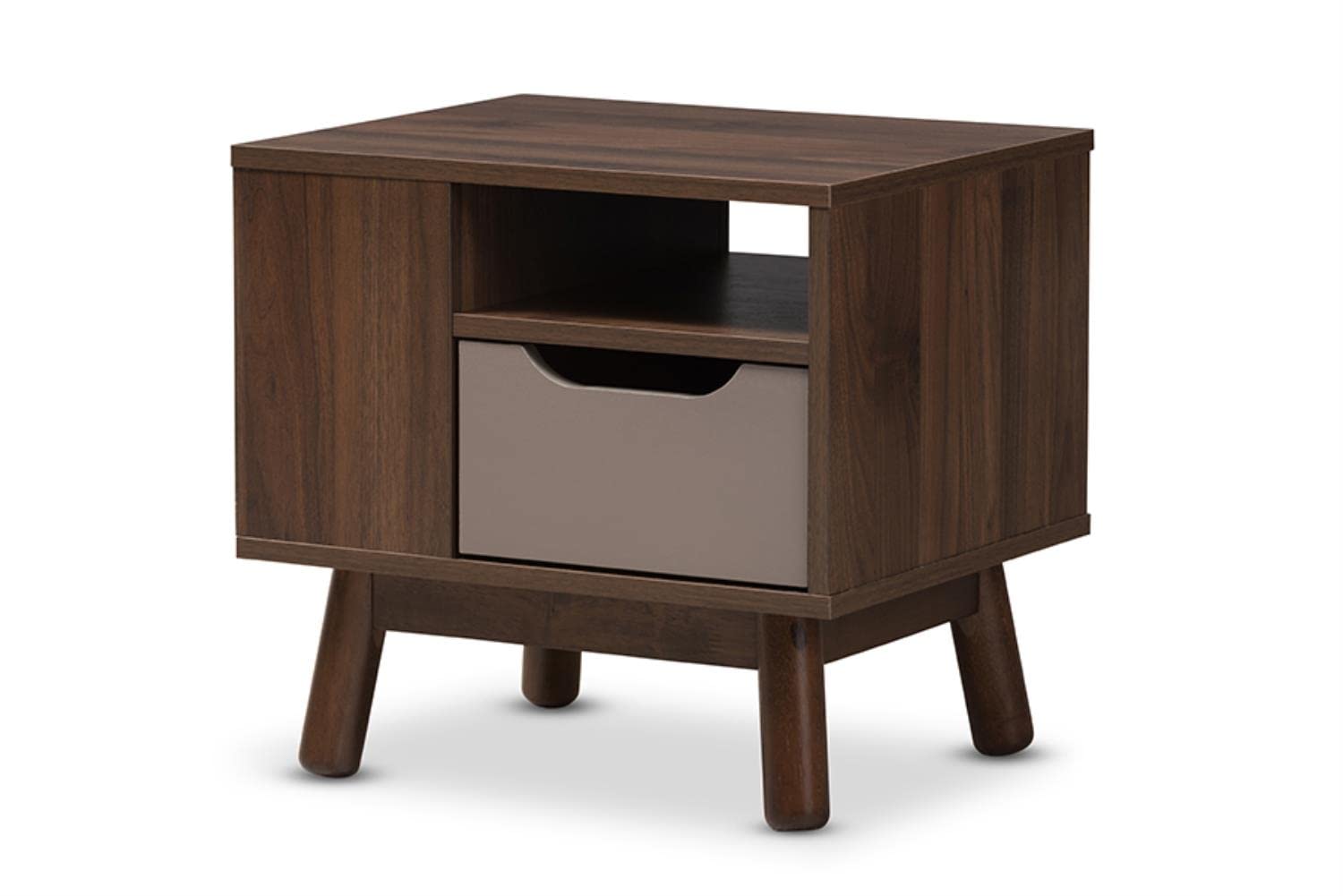 Baxton Studio Britta Mid-Century Modern Walnut Brown and Grey Two-Tone Finished Wood Nightstand Grey//Medium Wood/Mid-Century/Particle Board/MDF